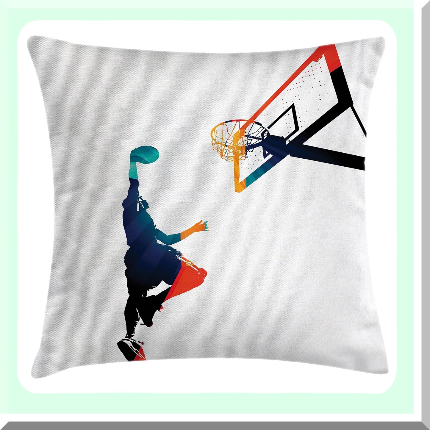 Athlete Slam Dunk Throw Pillow - High Contrast Silhouette Artwork, Decorative Square Cushion Cover, Basketball Theme, 26" X 26", Turquoise Orange Accent