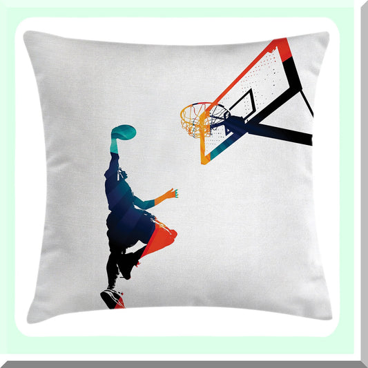 Athlete Slam Dunk Throw Pillow - High Contrast Silhouette Artwork, Decorative Square Cushion Cover, Basketball Theme, 26" X 26", Turquoise Orange Accent