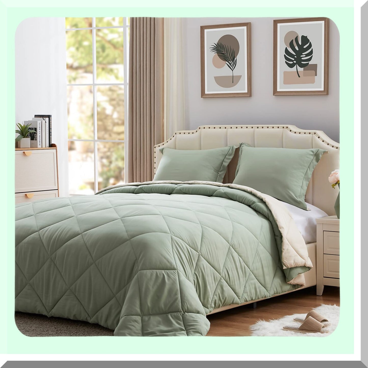 UltraLight Reversible Comforter Set - Thin Microfiber Bedding with 2 Pillow Sham - Summer Sage Green/Beige - Queen Size - Down Alternative