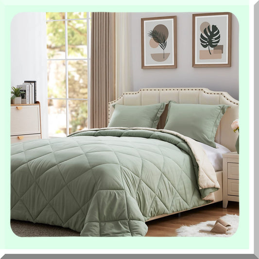UltraLight Reversible Comforter Set - Thin Microfiber Bedding with 2 Pillow Sham - Summer Sage Green/Beige - Queen Size - Down Alternative