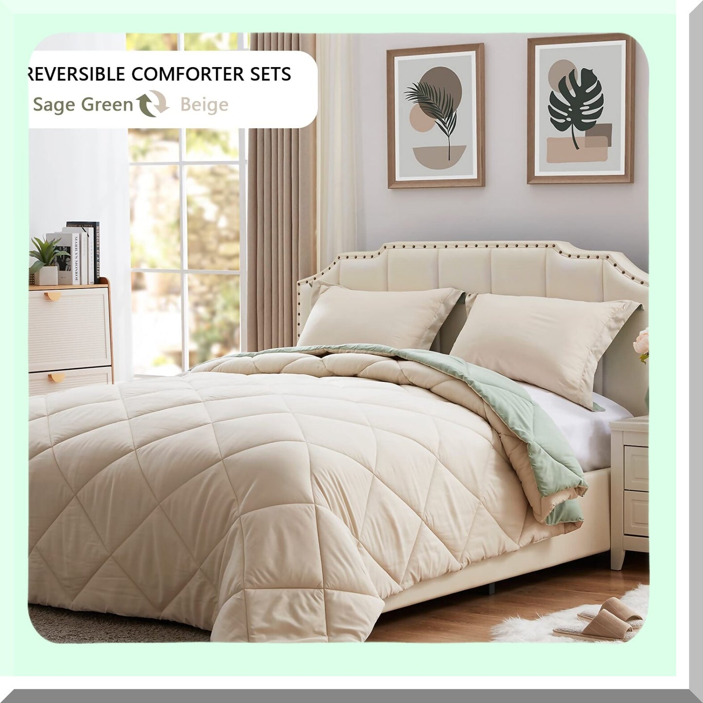 UltraLight Reversible Comforter Set - Thin Microfiber Bedding with 2 Pillow Sham - Summer Sage Green/Beige - Queen Size - Down Alternative