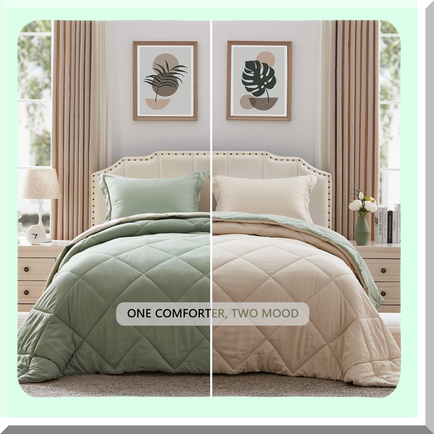UltraLight Reversible Comforter Set - Thin Microfiber Bedding with 2 Pillow Sham - Summer Sage Green/Beige - Queen Size - Down Alternative