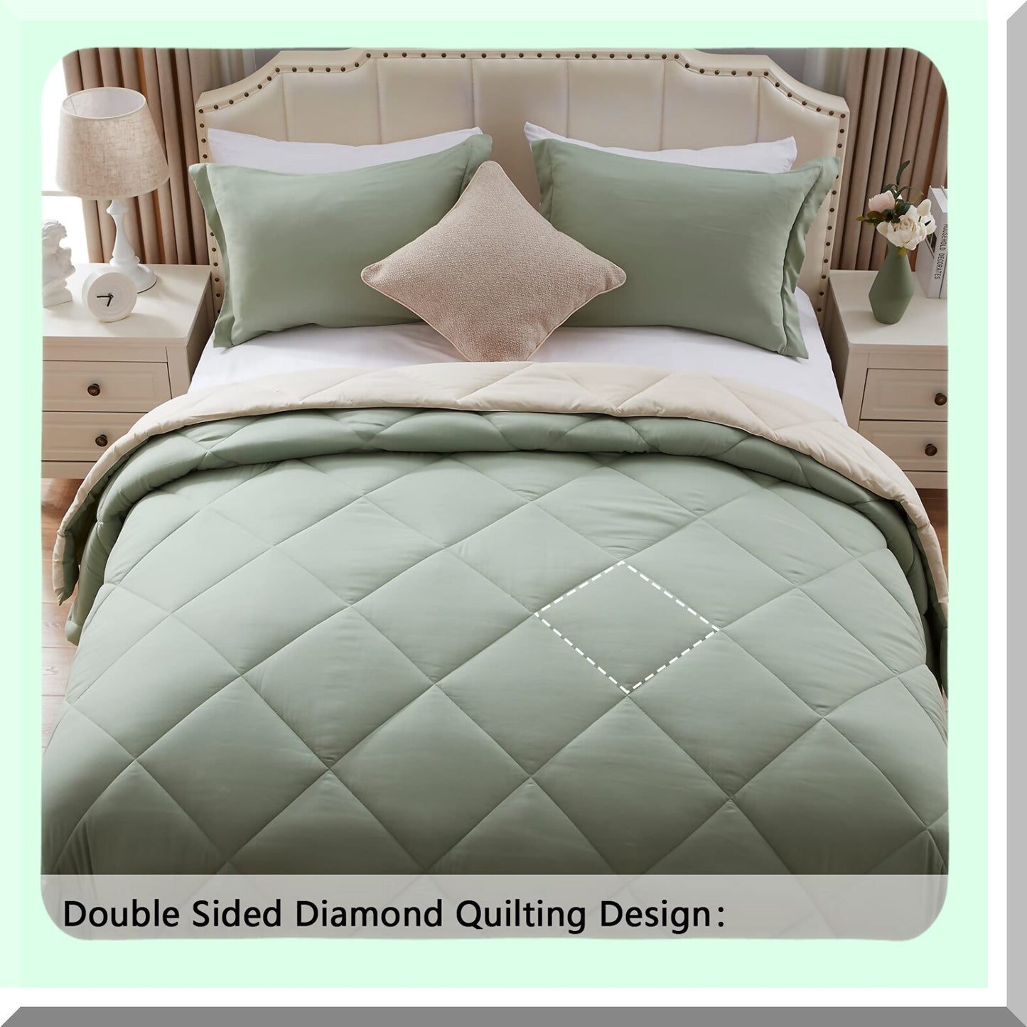 UltraLight Reversible Comforter Set - Thin Microfiber Bedding with 2 Pillow Sham - Summer Sage Green/Beige - Queen Size - Down Alternative