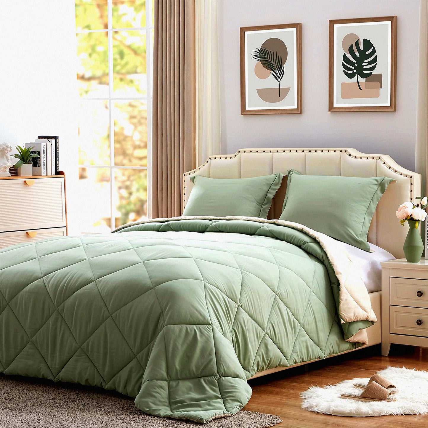 UltraLight Reversible Comforter Set - Thin Microfiber Bedding with 2 Pillow Sham - Summer Sage Green/Beige - Queen Size - Down Alternative