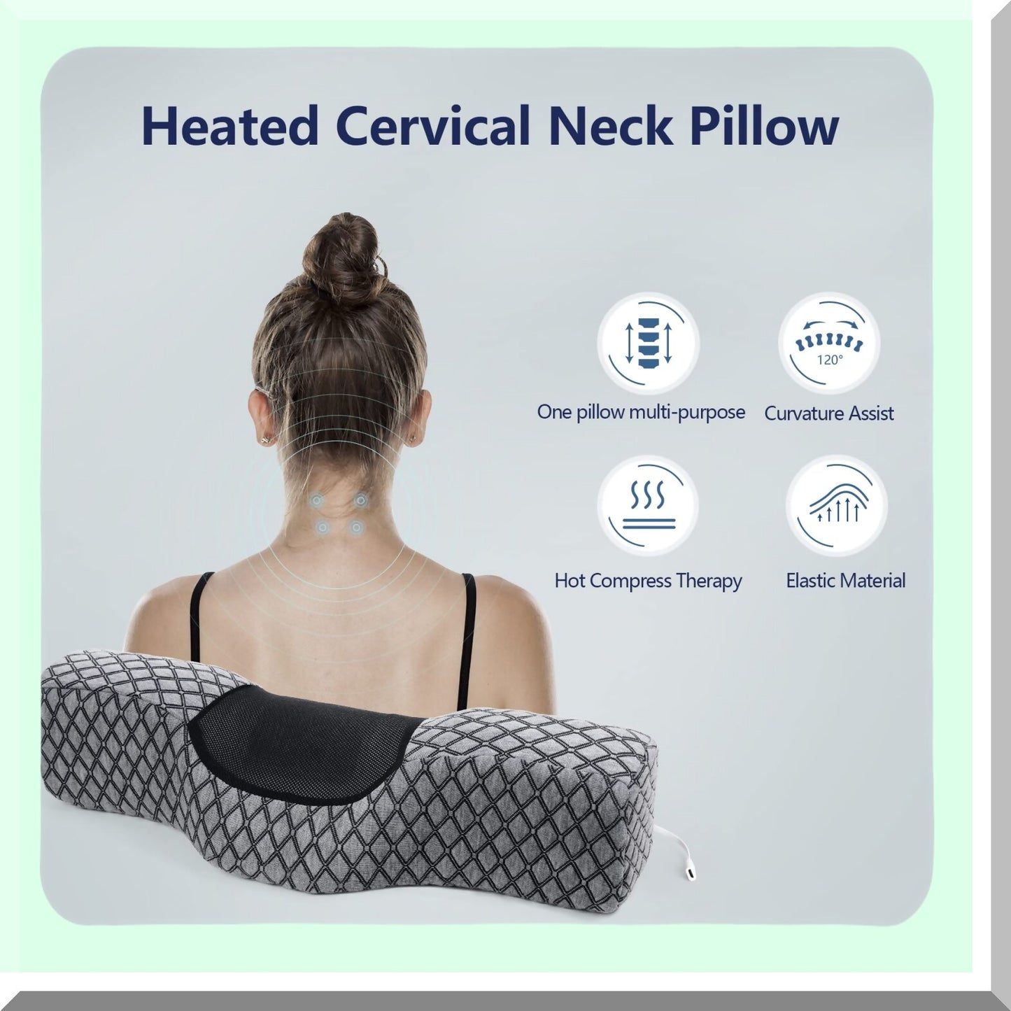 Heated Graphene Neck Pillow - USB Memory Foam Cervical Support with Magnetic Therapy for Pain Relief & Sleep Comfort - Grey Bolster Bed Pillow