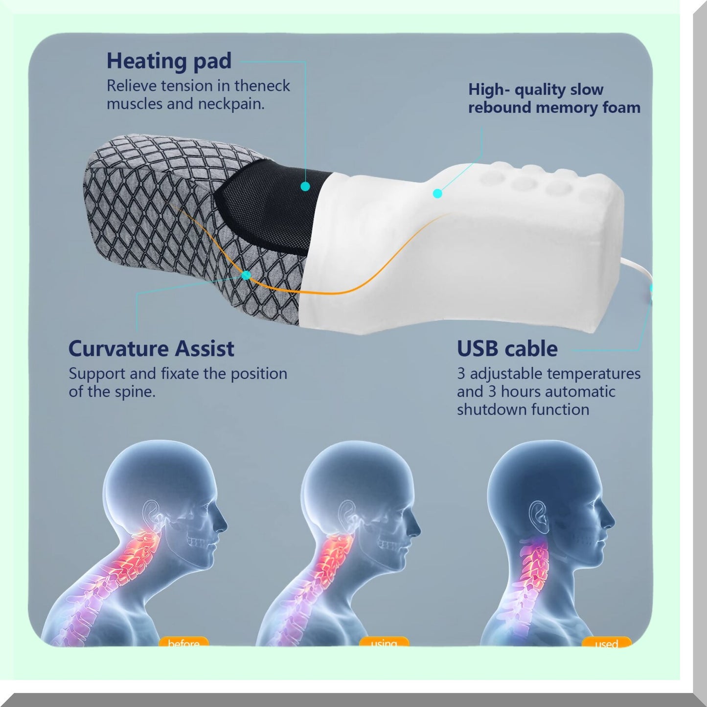 Heated Graphene Neck Pillow - USB Memory Foam Cervical Support with Magnetic Therapy for Pain Relief & Sleep Comfort - Grey Bolster Bed Pillow