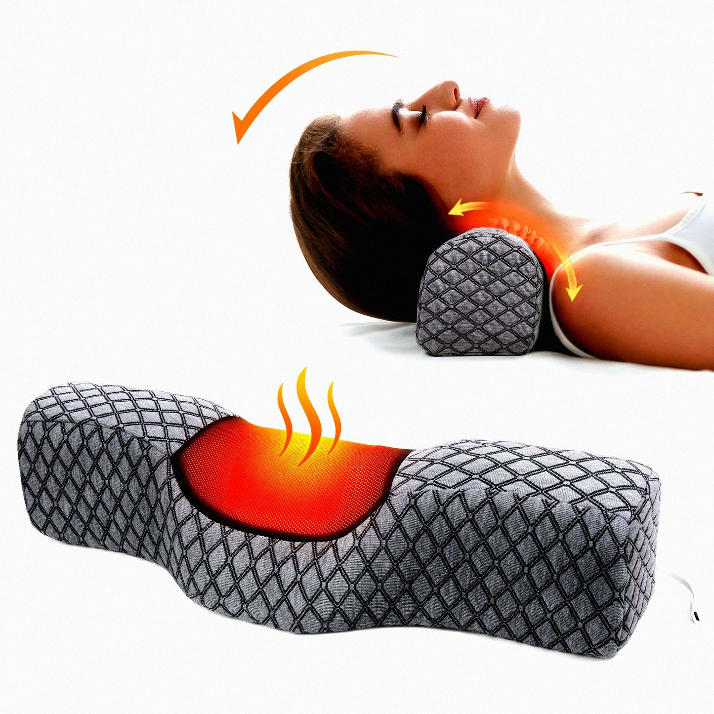 Heated Graphene Neck Pillow - USB Memory Foam Cervical Support with Magnetic Therapy for Pain Relief & Sleep Comfort - Grey Bolster Bed Pillow
