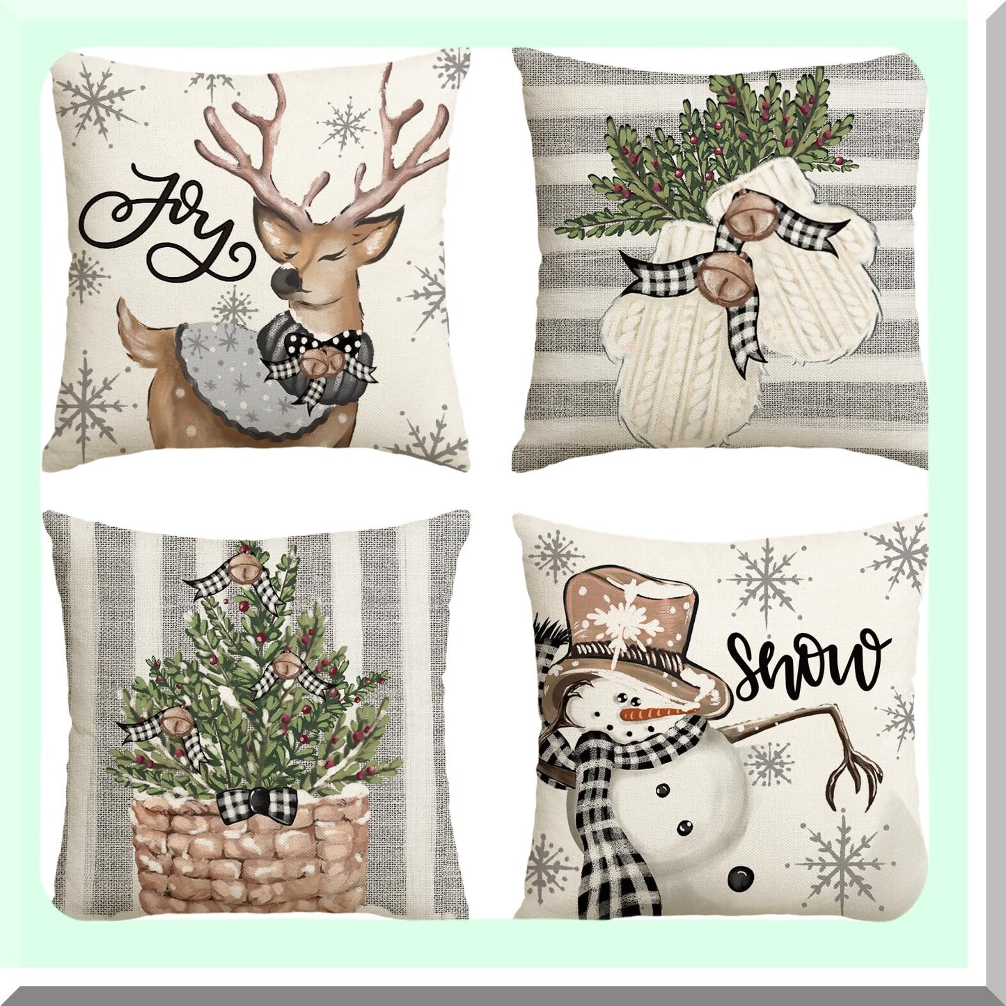 Winter Wonderland Holiday Pillow Covers - Set of 4 Snowman Reindeer Gloves Eucalyptus 18x18 Inch Cushion Cases for Sofa Couch, Festive Stripes Decor