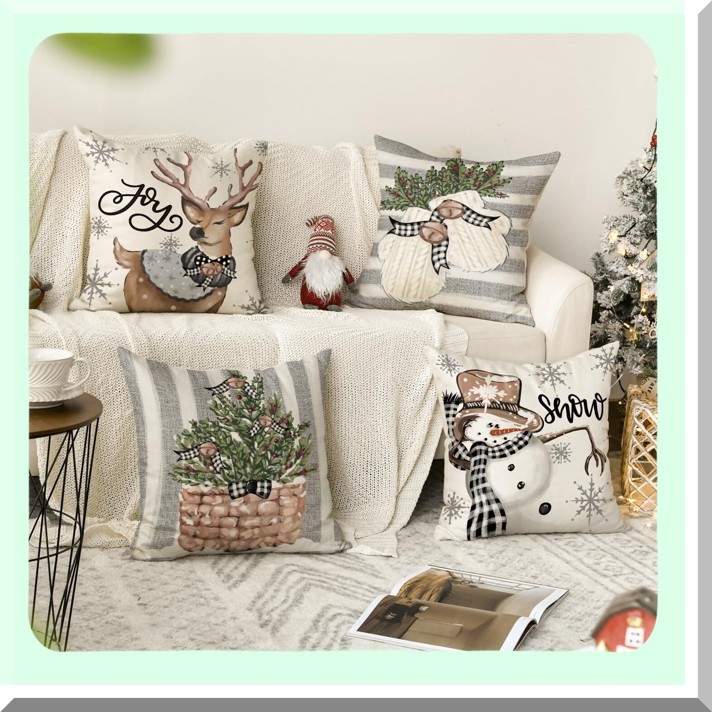 Winter Wonderland Holiday Pillow Covers - Set of 4 Snowman Reindeer Gloves Eucalyptus 18x18 Inch Cushion Cases for Sofa Couch, Festive Stripes Decor