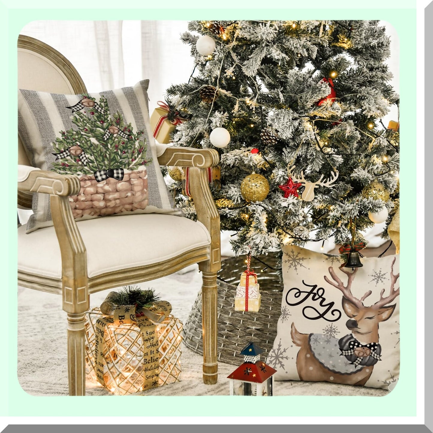 Winter Wonderland Holiday Pillow Covers - Set of 4 Snowman Reindeer Gloves Eucalyptus 18x18 Inch Cushion Cases for Sofa Couch, Festive Stripes Decor