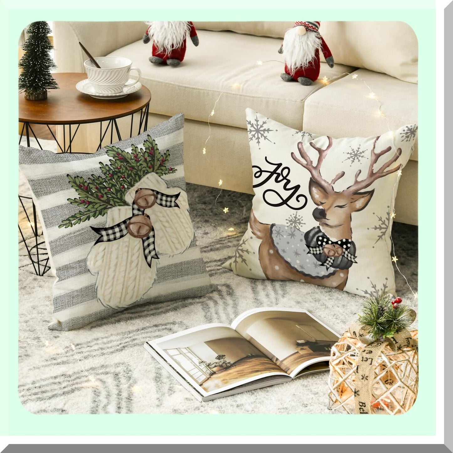 Winter Wonderland Holiday Pillow Covers - Set of 4 Snowman Reindeer Gloves Eucalyptus 18x18 Inch Cushion Cases for Sofa Couch, Festive Stripes Decor