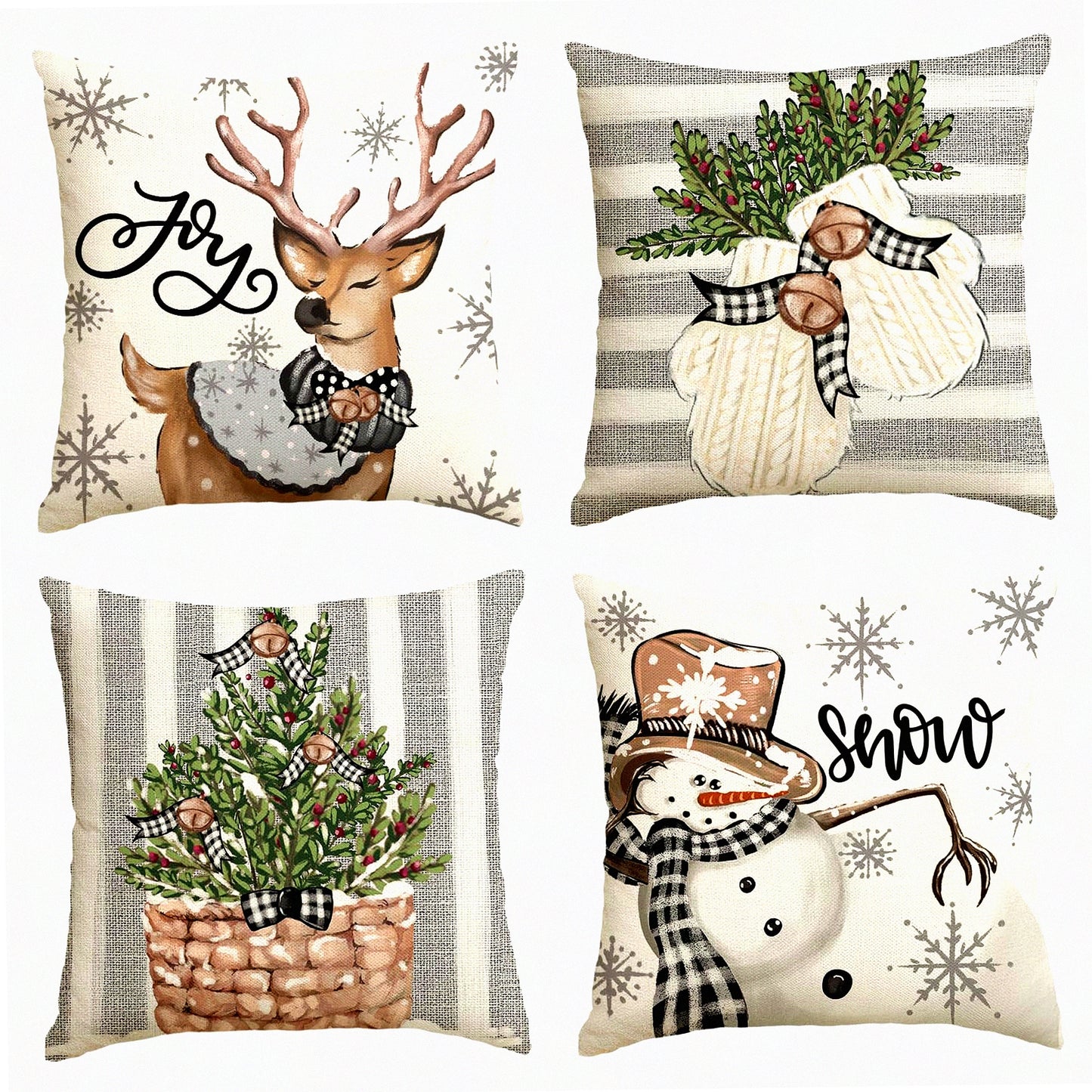 Winter Wonderland Holiday Pillow Covers - Set of 4 Snowman Reindeer Gloves Eucalyptus 18x18 Inch Cushion Cases for Sofa Couch, Festive Stripes Decor