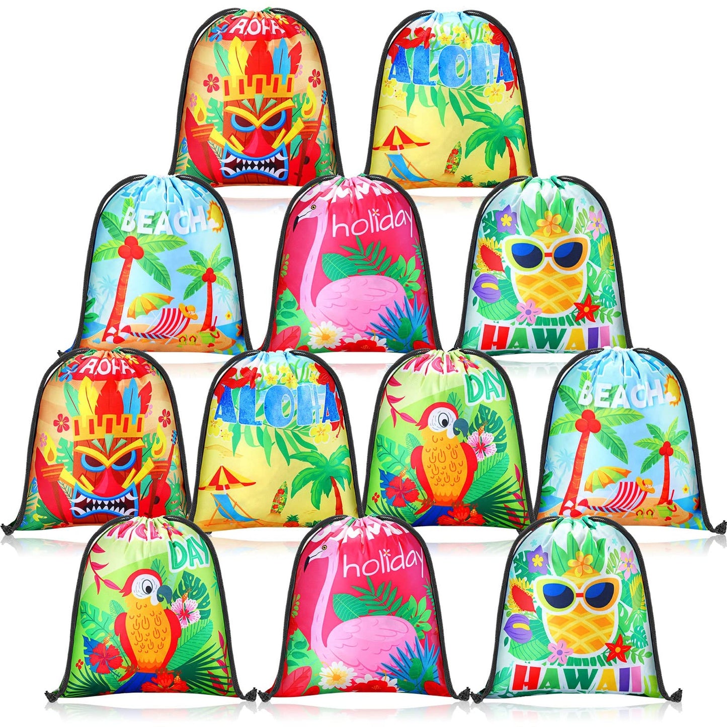 Shark Beach Party Favor Bags - Set of 12 Drawstring Goody Bags for Luau, Pool, Wedding, Birthday Parties. Tropical Theme Candy Goodie Bags for Teens & Kids.