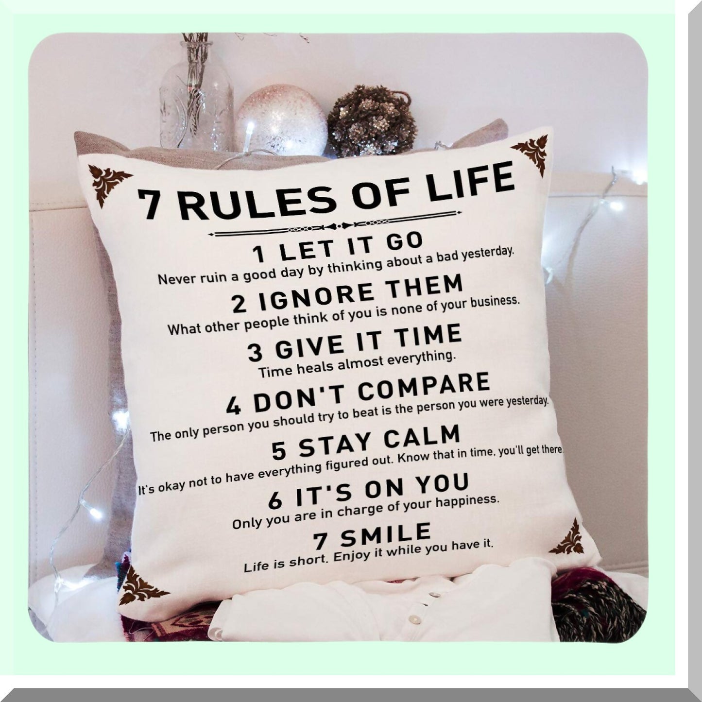 Inspirational Life Rules Pillow Cover - Rustic Cushion Case for Sofa Couch, Dorm Room Decor - Graduation/Birthday Gift - 18x18 Inch