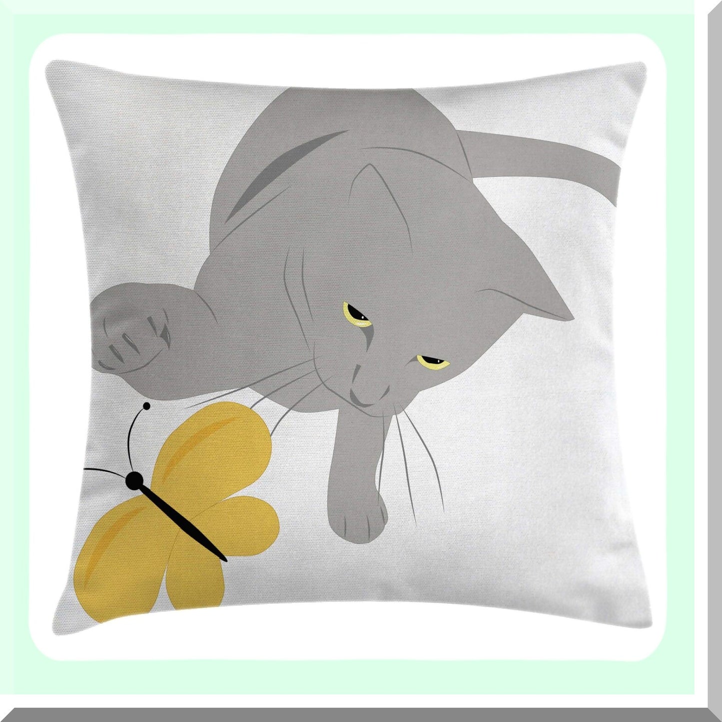 Spring Feline Butterfly Pillow Cover - Grey Yellow Cat Pet Decorative Cushion Case 18" X 18" Marigold Black - Square Accent Best Friend Play