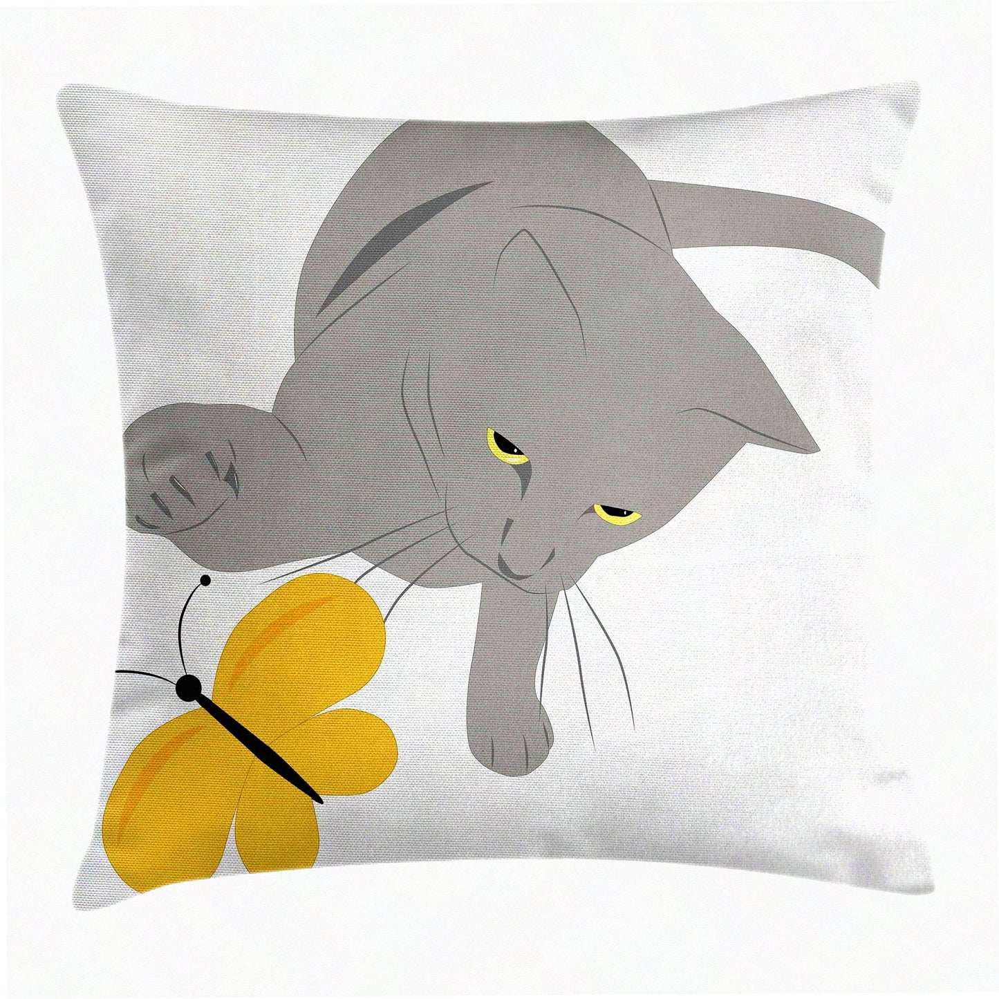 Spring Feline Butterfly Pillow Cover - Grey Yellow Cat Pet Decorative Cushion Case 18" X 18" Marigold Black - Square Accent Best Friend Play