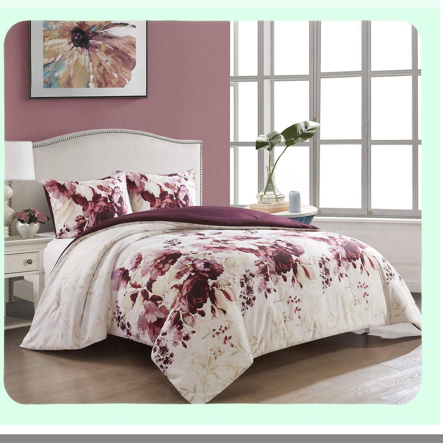 Floral Bliss Reversible Comforter Set - 3 Piece Bedding Ensemble in Purple Queen Size - Beautiful Floral Print Design for a Cozy Bedroom Décor