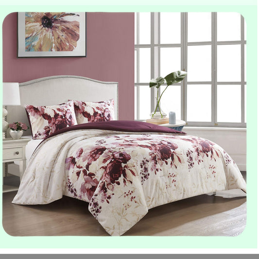 Floral Bliss Reversible Comforter Set - 3 Piece Bedding Ensemble in Purple Queen Size - Beautiful Floral Print Design for a Cozy Bedroom Décor