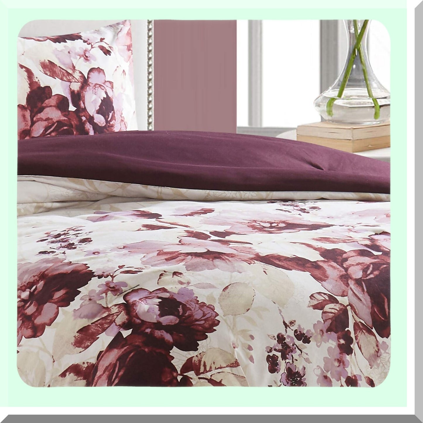 Floral Bliss Reversible Comforter Set - 3 Piece Bedding Ensemble in Purple Queen Size - Beautiful Floral Print Design for a Cozy Bedroom Décor