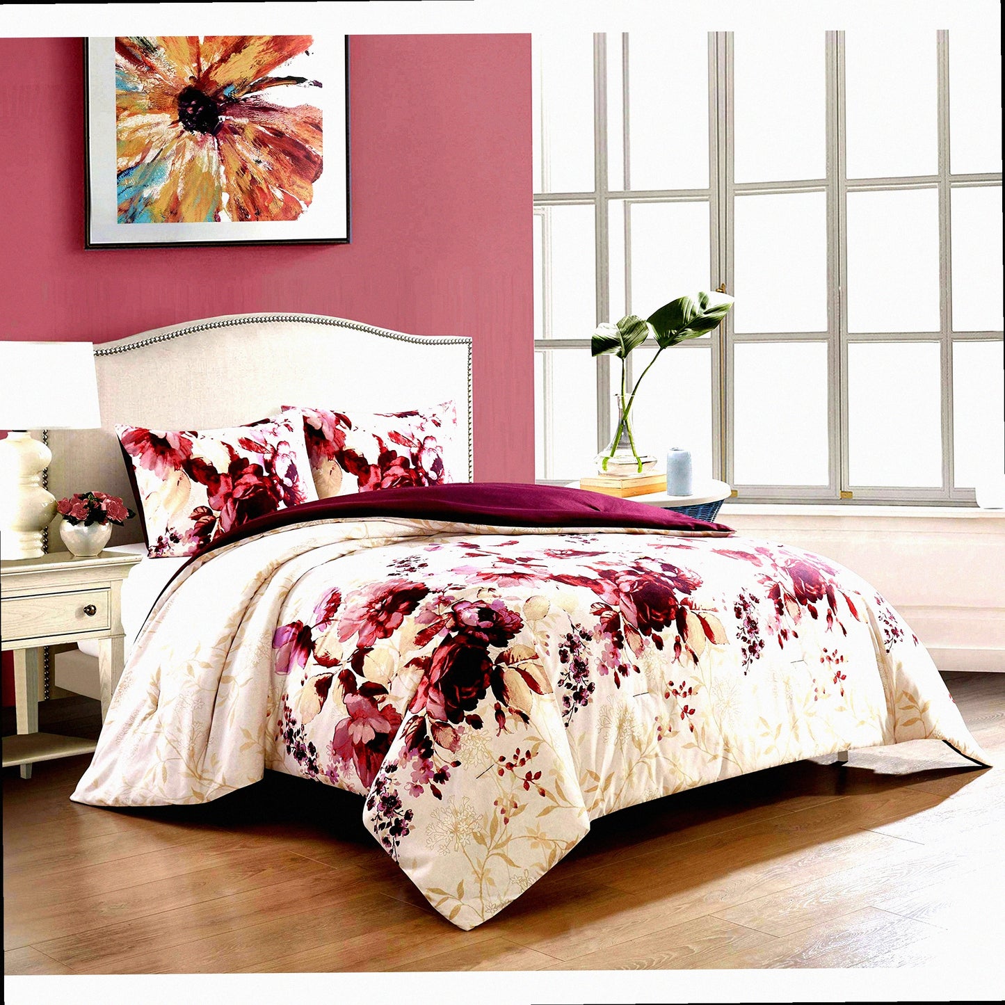 Floral Bliss Reversible Comforter Set - 3 Piece Bedding Ensemble in Purple Queen Size - Beautiful Floral Print Design for a Cozy Bedroom Décor