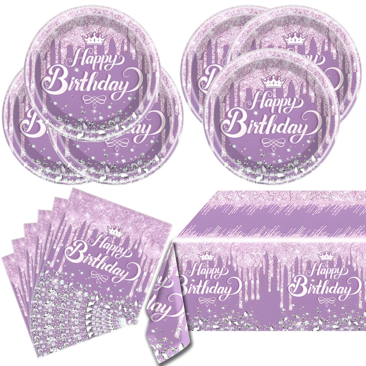 Purple Glitter Birthday Bash Kit - Complete Tableware Set for 20 Guests, Plates, Napkins, Tablecloths - Girls & Women's Birthday Party Supplies