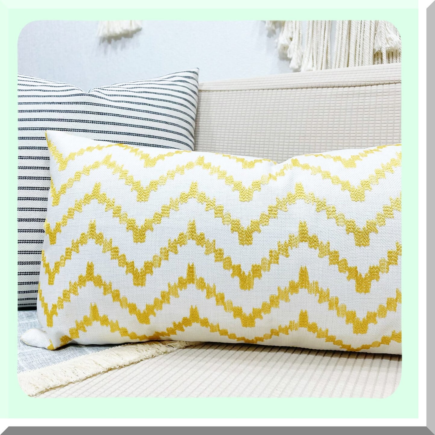 Golden Stitched Lumbar Pillow Cover - 12x20 Inch Decorative Sofa Cushion Case for Couch - Yellow Linen Embroidery Rectangular Throw Pillow Cover