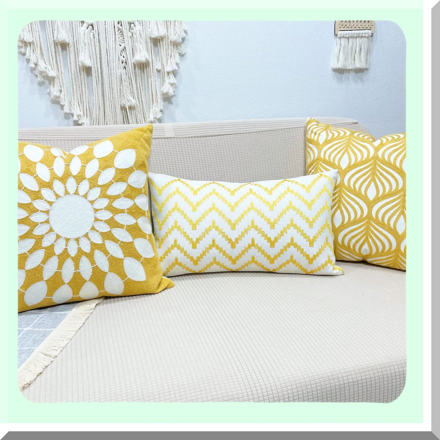 Golden Stitched Lumbar Pillow Cover - 12x20 Inch Decorative Sofa Cushion Case for Couch - Yellow Linen Embroidery Rectangular Throw Pillow Cover