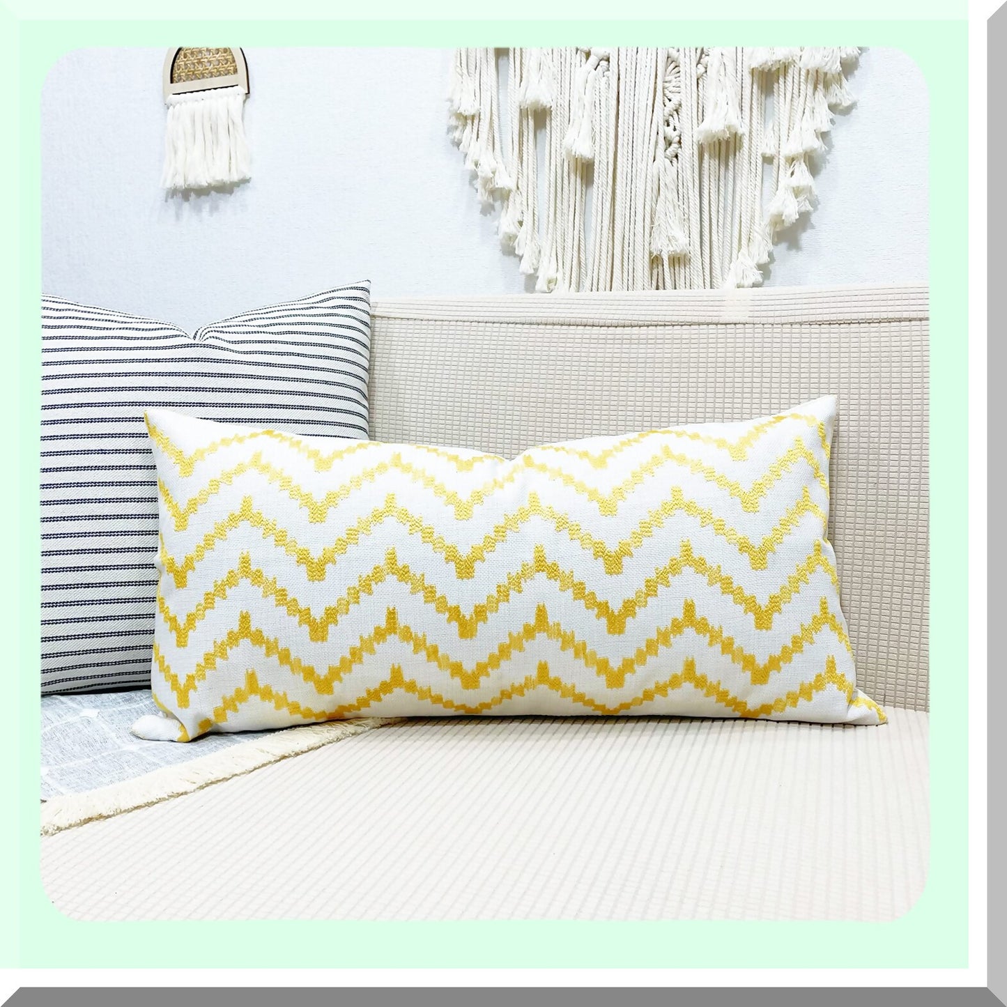 Golden Stitched Lumbar Pillow Cover - 12x20 Inch Decorative Sofa Cushion Case for Couch - Yellow Linen Embroidery Rectangular Throw Pillow Cover