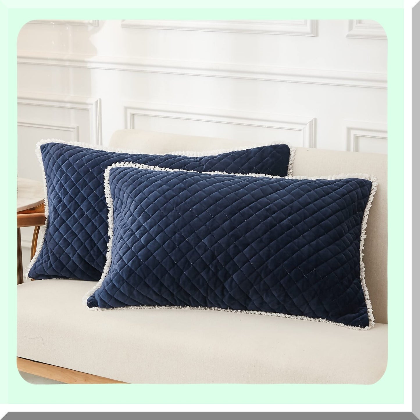 Luxury Diamond Quilted Velvet Pillowcases - 2 Pack Decorative Fringe Cozy Warm Zipper Closure - Navy Blue Dream Set