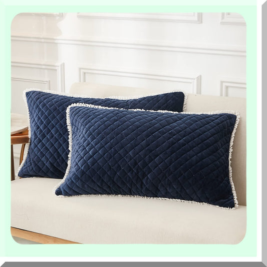 Luxury Diamond Quilted Velvet Pillowcases - 2 Pack Decorative Fringe Cozy Warm Zipper Closure - Navy Blue Dream Set
