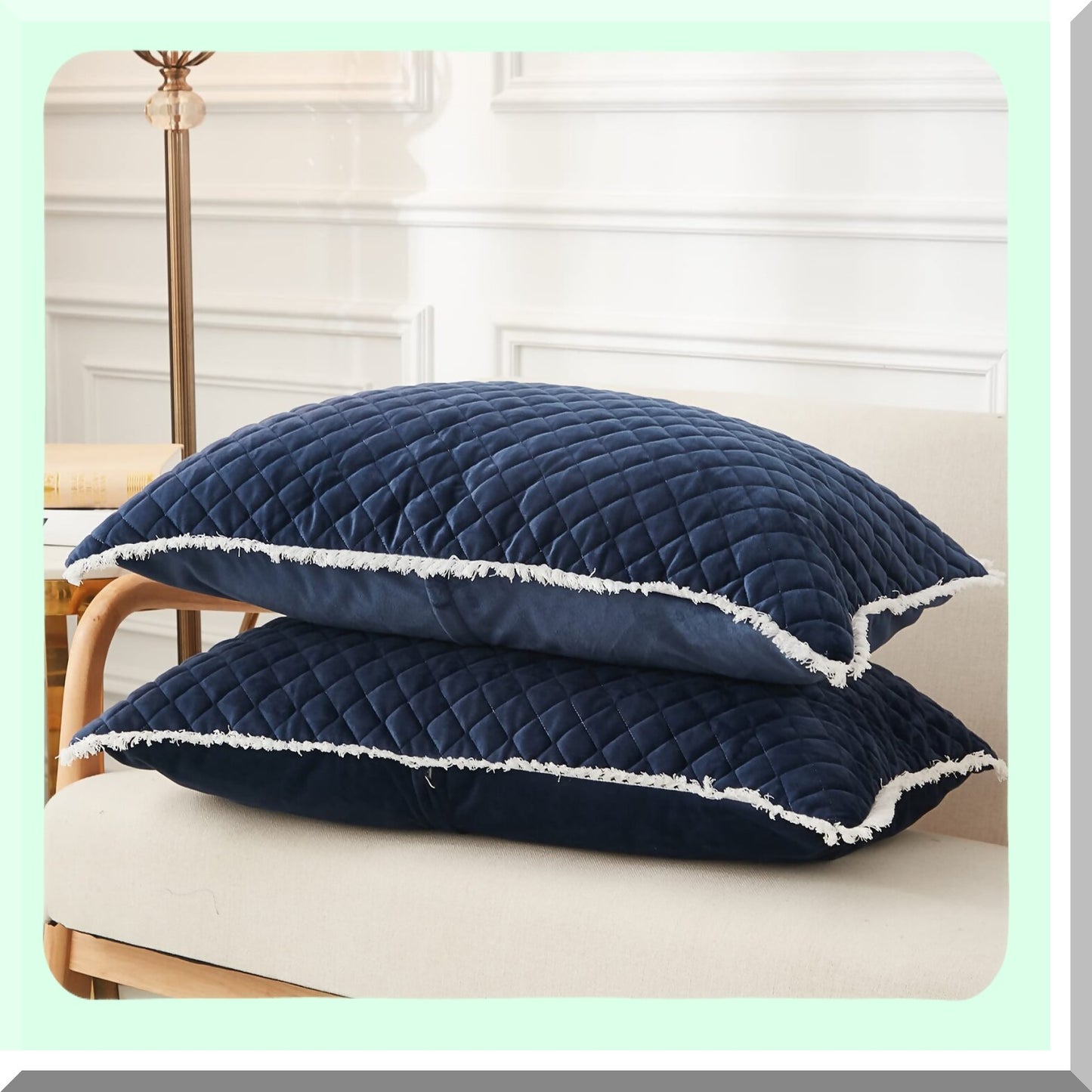 Luxury Diamond Quilted Velvet Pillowcases - 2 Pack Decorative Fringe Cozy Warm Zipper Closure - Navy Blue Dream Set