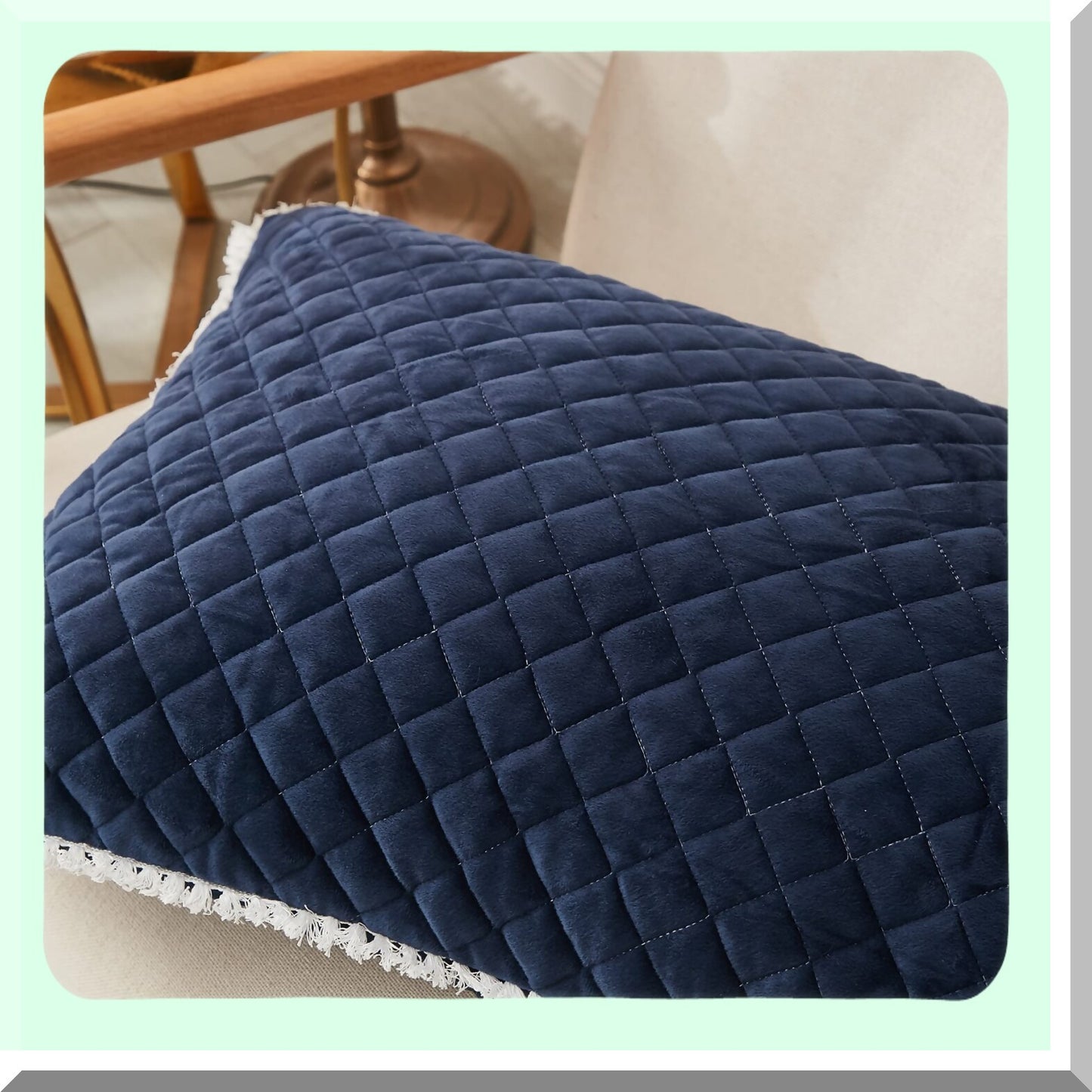 Luxury Diamond Quilted Velvet Pillowcases - 2 Pack Decorative Fringe Cozy Warm Zipper Closure - Navy Blue Dream Set