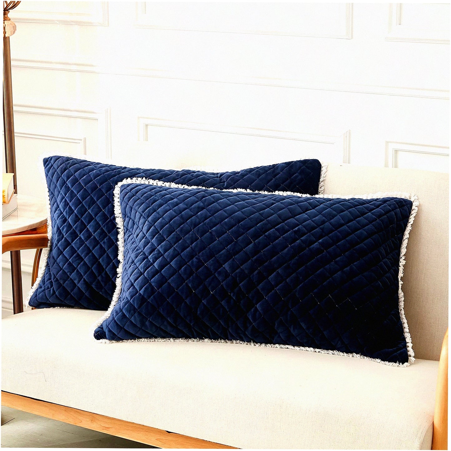 Luxury Diamond Quilted Velvet Pillowcases - 2 Pack Decorative Fringe Cozy Warm Zipper Closure - Navy Blue Dream Set