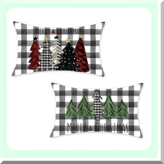 Winter Wonderland Lumbar Pillow Covers - Set of 2 Red Black Green Buffalo Plaid Tree Decorative Cases 12x20 Inch for Holiday Decorations