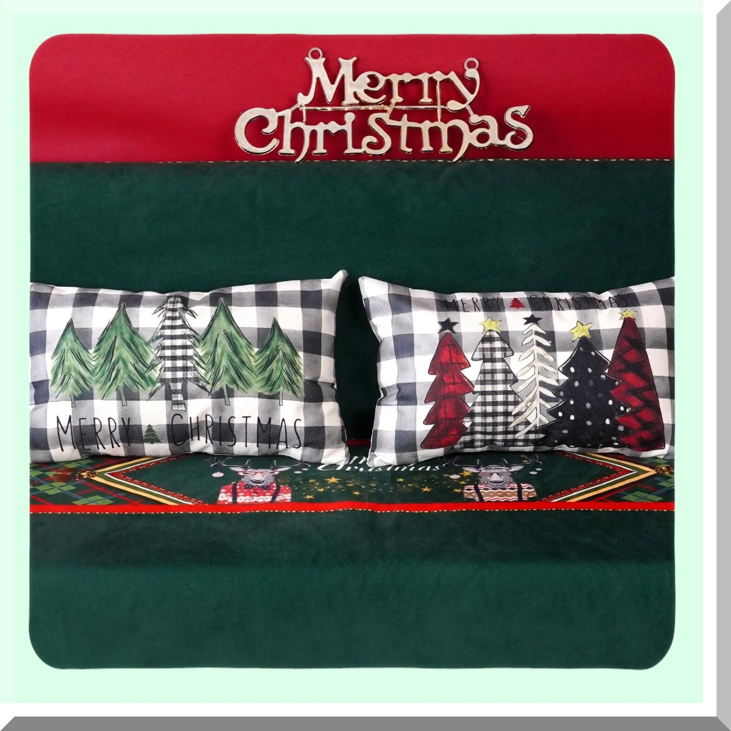 Winter Wonderland Lumbar Pillow Covers - Set of 2 Red Black Green Buffalo Plaid Tree Decorative Cases 12x20 Inch for Holiday Decorations