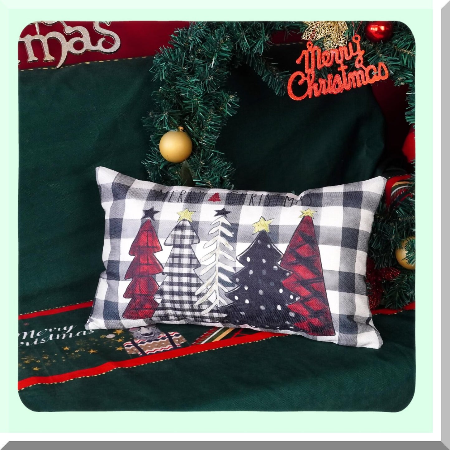 Winter Wonderland Lumbar Pillow Covers - Set of 2 Red Black Green Buffalo Plaid Tree Decorative Cases 12x20 Inch for Holiday Decorations