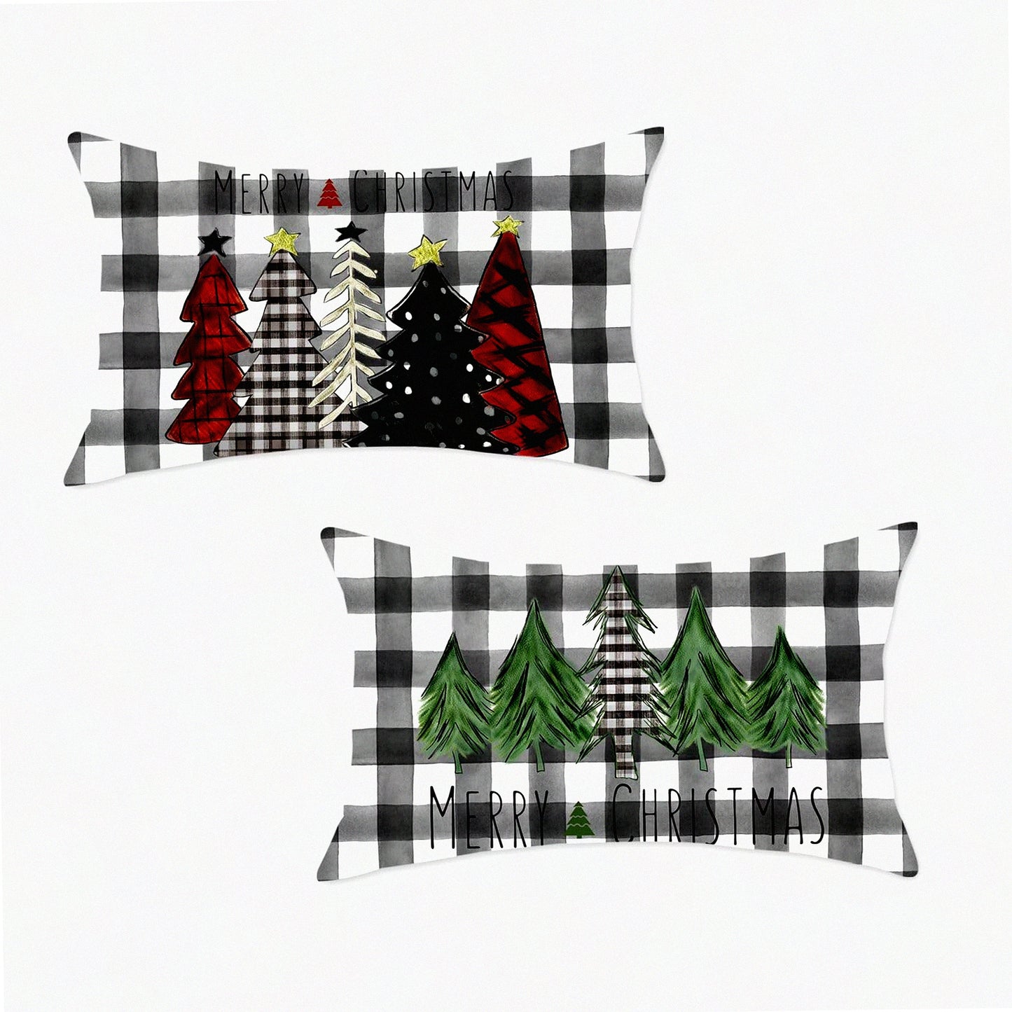 Winter Wonderland Lumbar Pillow Covers - Set of 2 Red Black Green Buffalo Plaid Tree Decorative Cases 12x20 Inch for Holiday Decorations