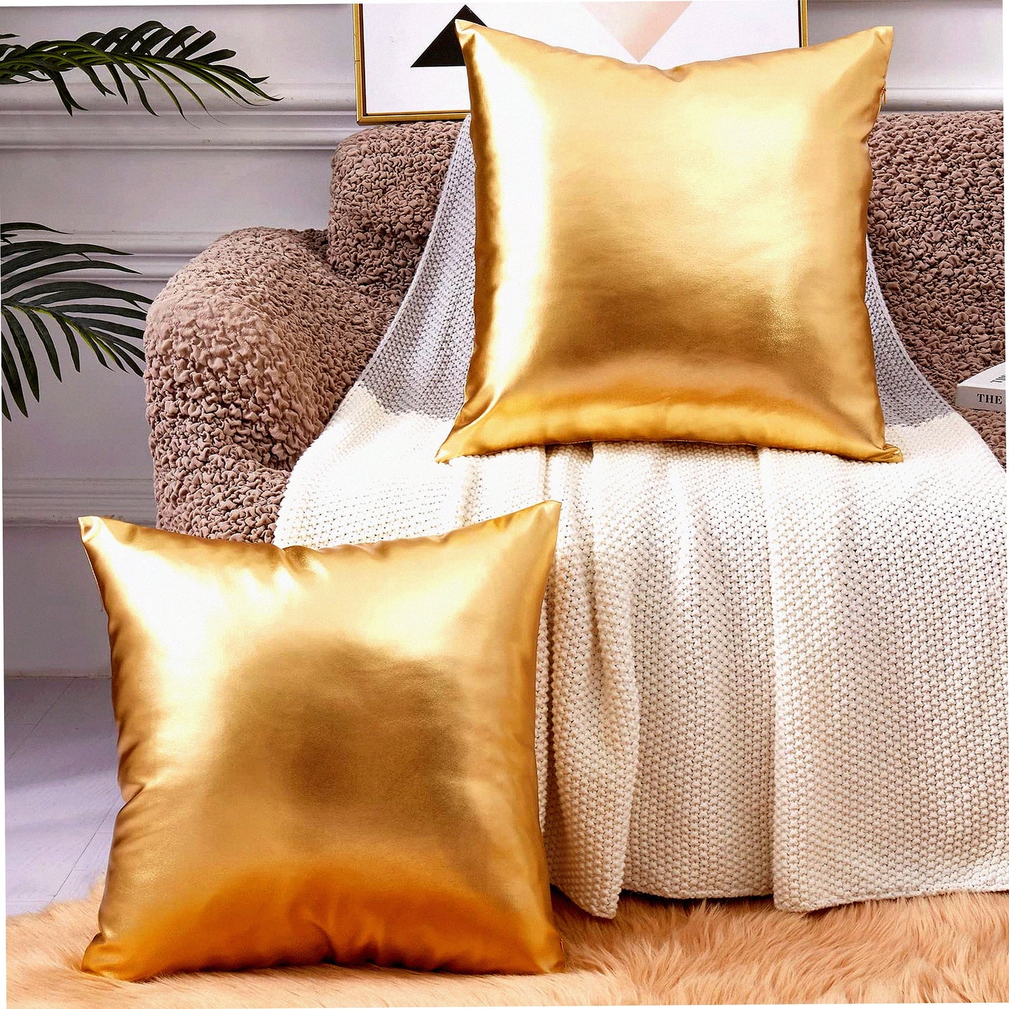 Shiny Gold Cushion Covers - Modern Metallic Decorative Throw Pillow Set for Couch, Sofa & Party - 22x22 Gold Pillow Covers - Luxe Gold Pillows