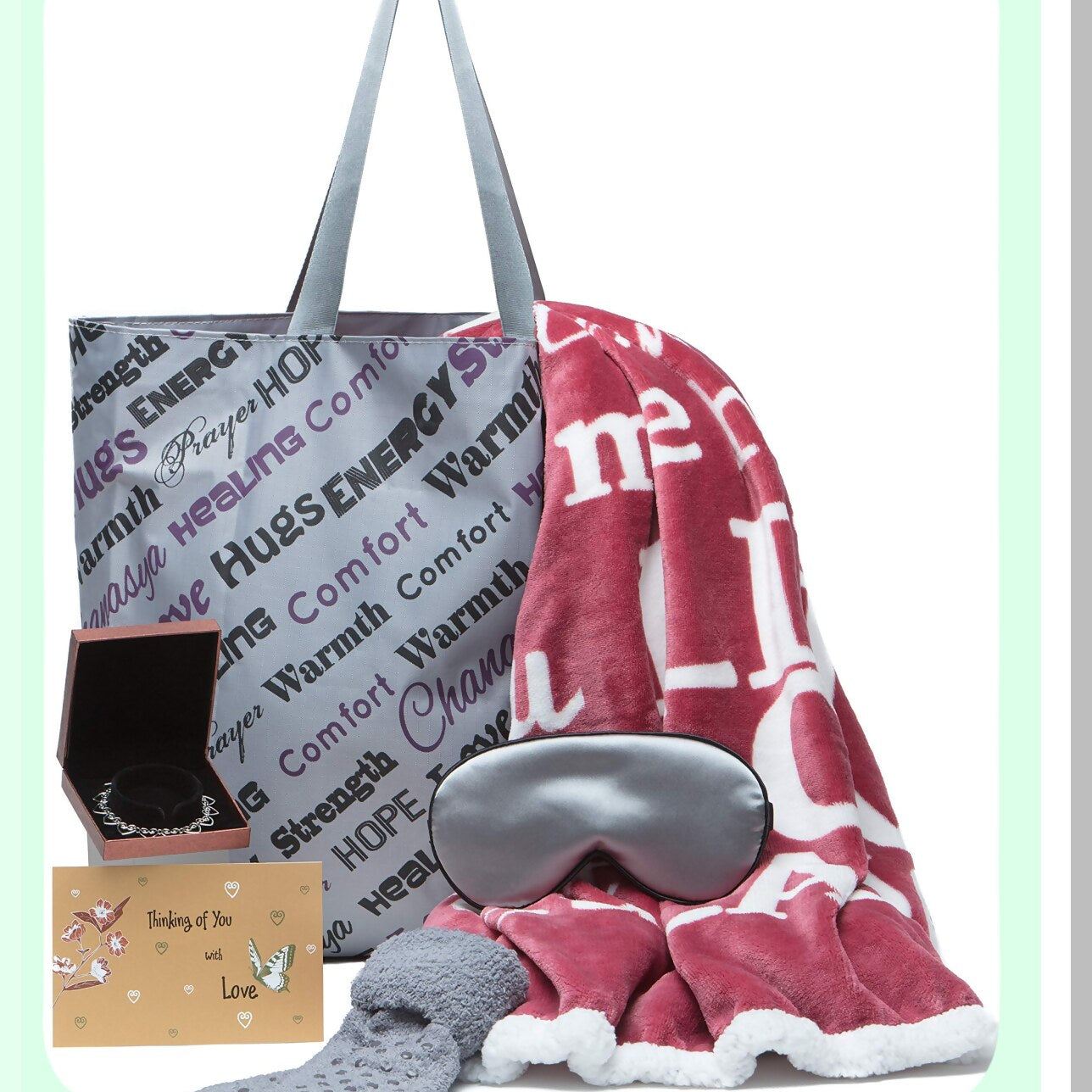 Heartfelt Comfort Gift Set: Romantic 6-Piece Blanket, Tote Bag, Socks, Bracelet, Card & Dry Rose