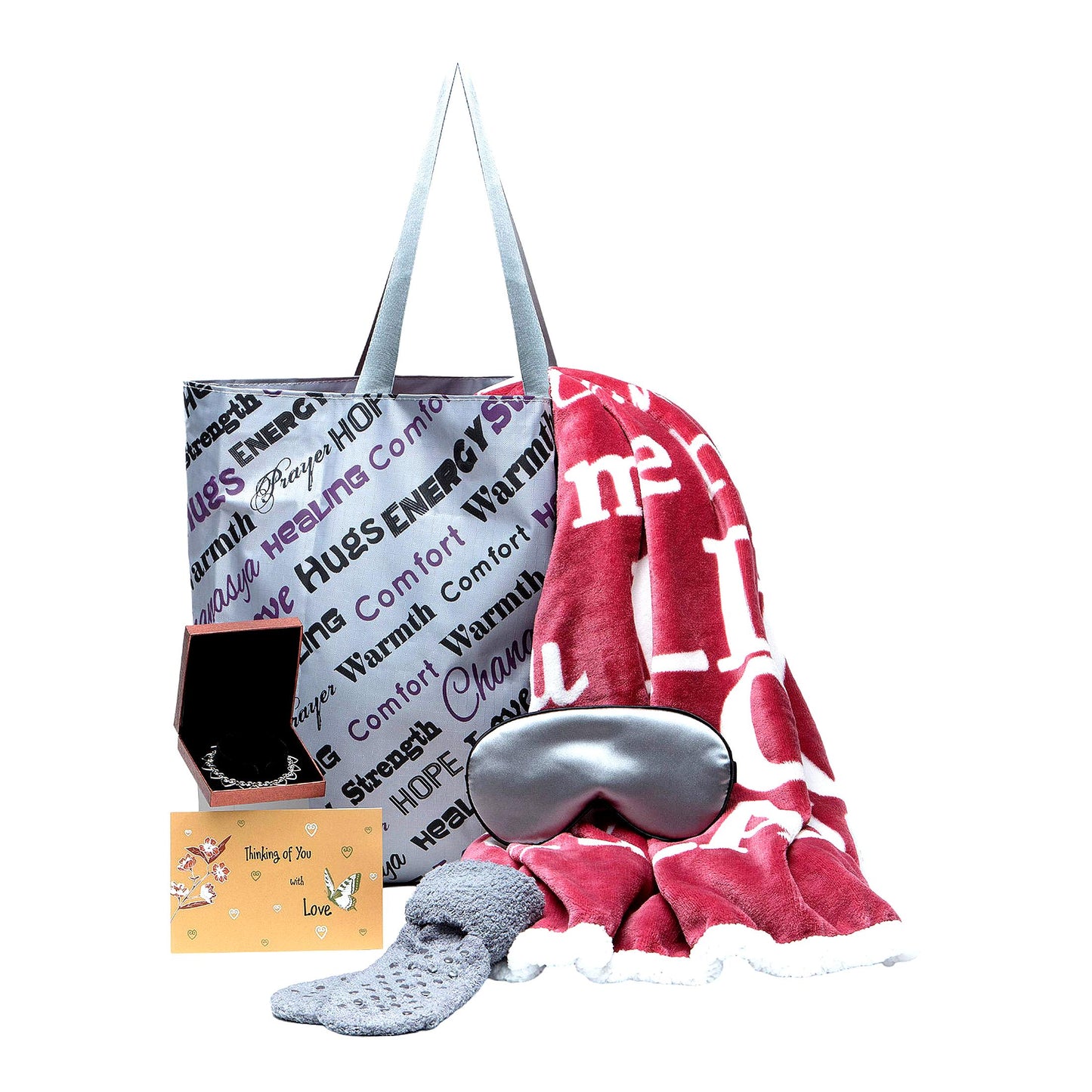 Heartfelt Comfort Gift Set: Romantic 6-Piece Blanket, Tote Bag, Socks, Bracelet, Card & Dry Rose