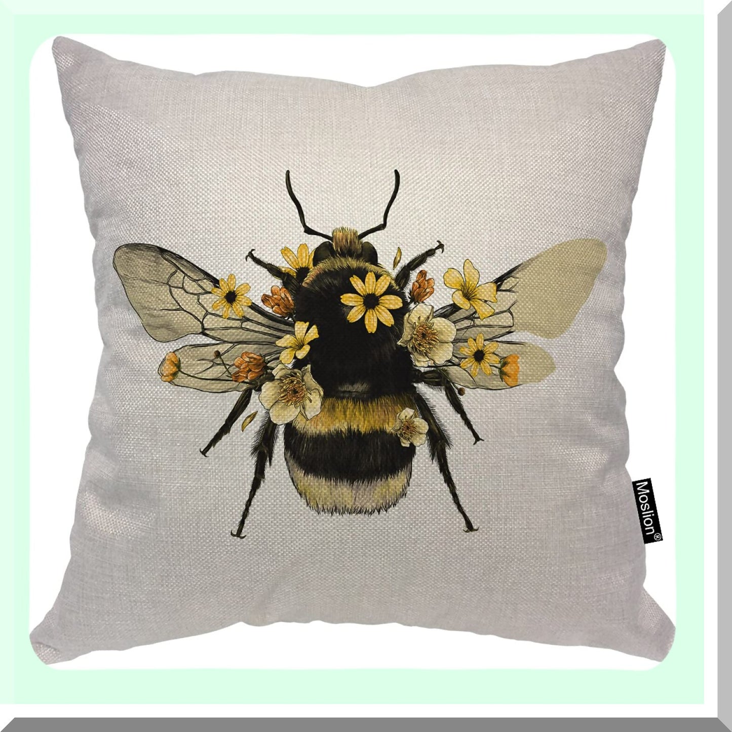 Buzzing Bee Garden Pillowcase - 18x18 Inch Yellow Flower Throw Cover - Animal Insect Bug Wings Decorative Cushion for Couch Bed - Cotton Linen