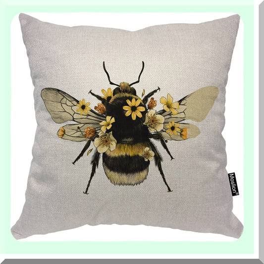Buzzing Bee Garden Pillowcase - 18x18 Inch Yellow Flower Throw Cover - Animal Insect Bug Wings Decorative Cushion for Couch Bed - Cotton Linen