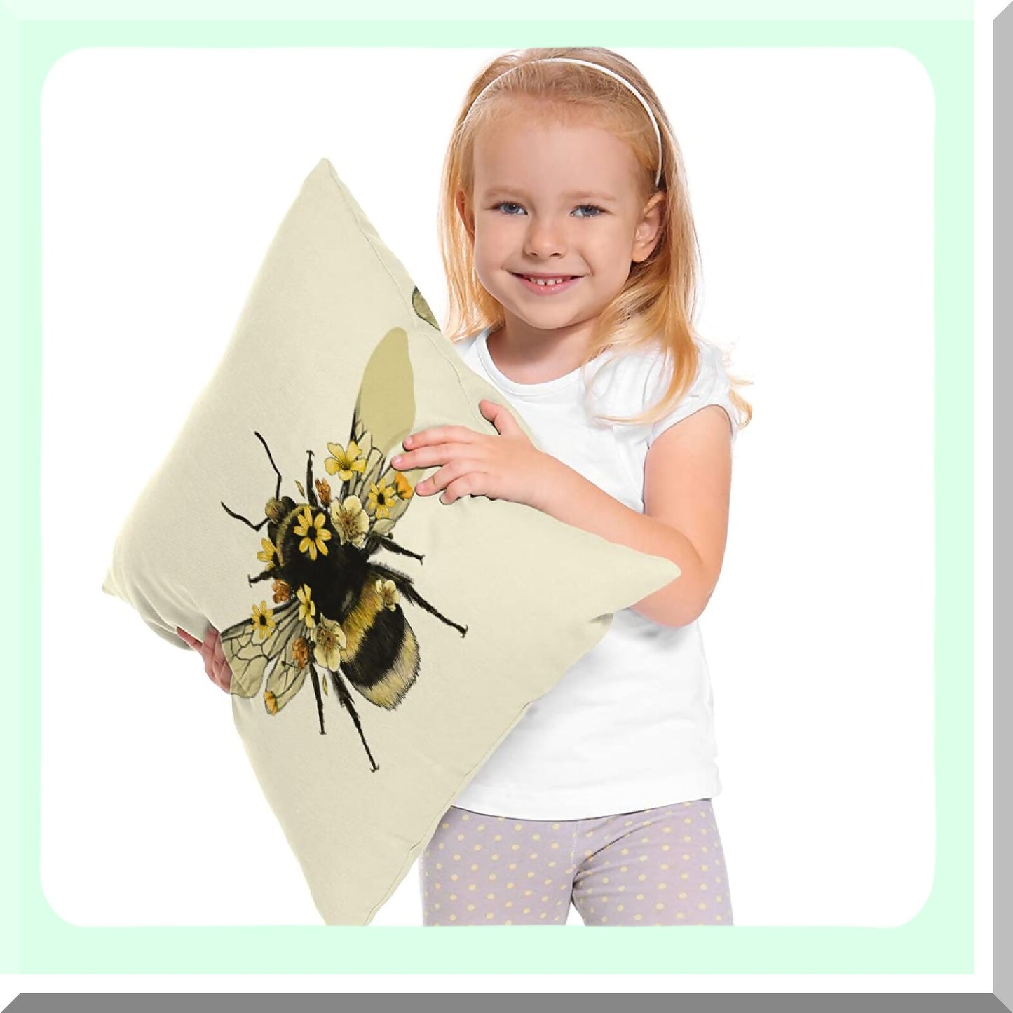 Buzzing Bee Garden Pillowcase - 18x18 Inch Yellow Flower Throw Cover - Animal Insect Bug Wings Decorative Cushion for Couch Bed - Cotton Linen