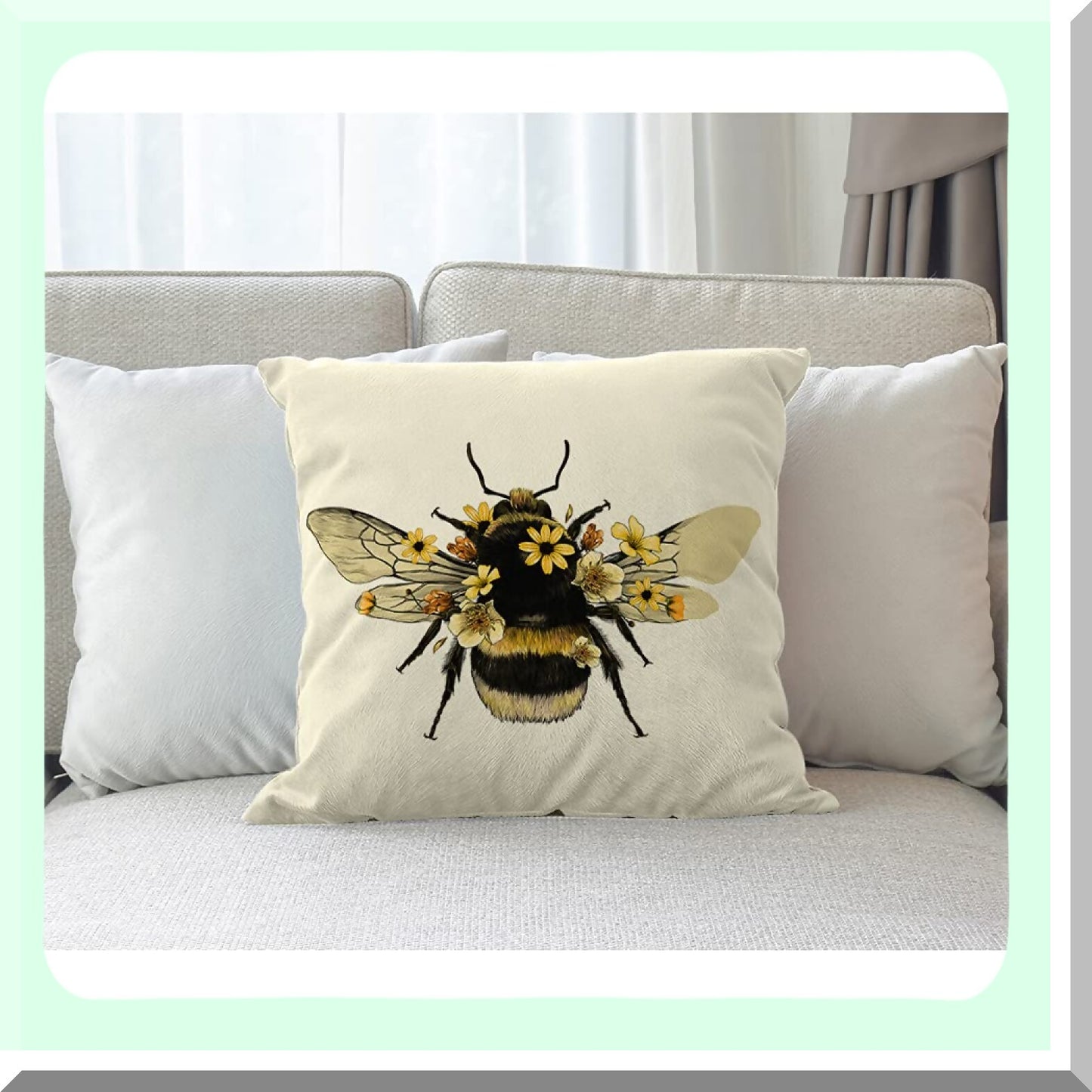 Buzzing Bee Garden Pillowcase - 18x18 Inch Yellow Flower Throw Cover - Animal Insect Bug Wings Decorative Cushion for Couch Bed - Cotton Linen