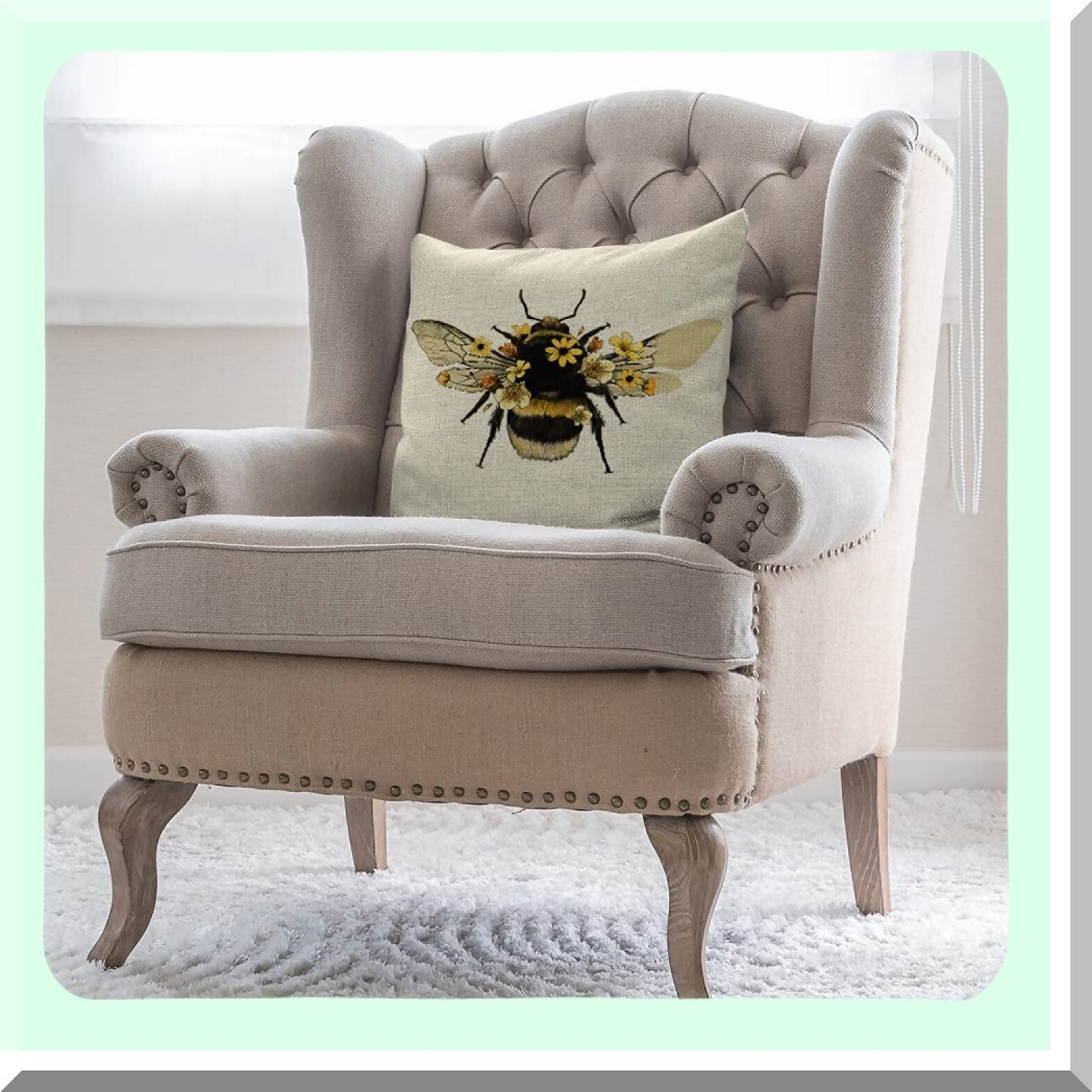 Buzzing Bee Garden Pillowcase - 18x18 Inch Yellow Flower Throw Cover - Animal Insect Bug Wings Decorative Cushion for Couch Bed - Cotton Linen