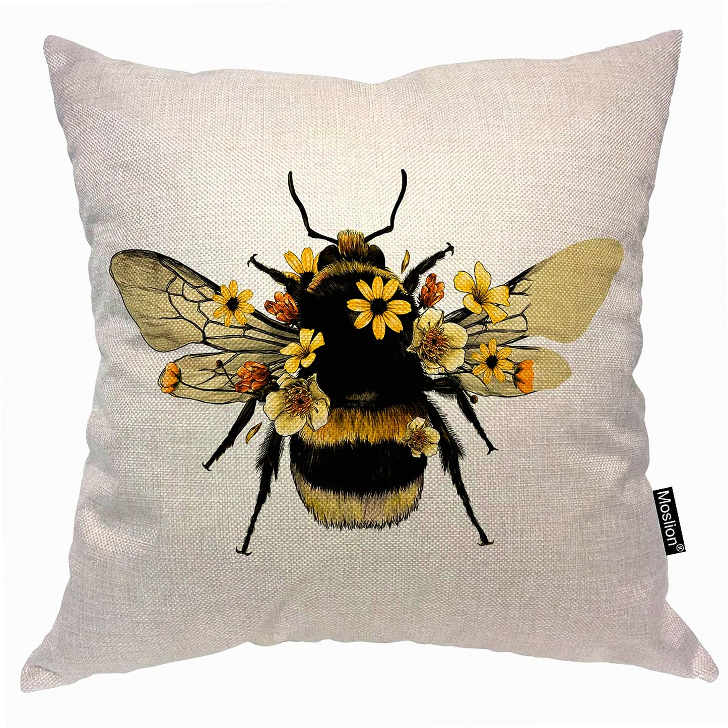 Buzzing Bee Garden Pillowcase - 18x18 Inch Yellow Flower Throw Cover - Animal Insect Bug Wings Decorative Cushion for Couch Bed - Cotton Linen