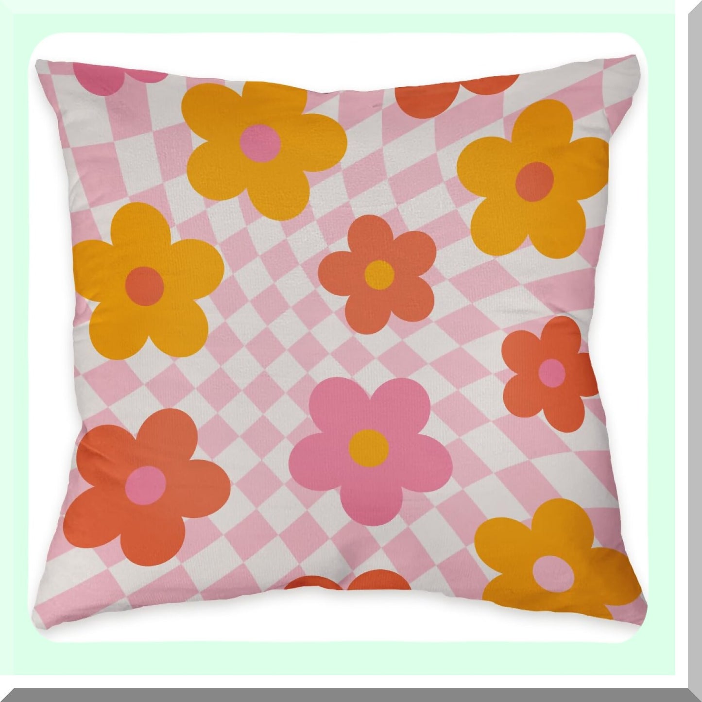 Groovy Flower Power Reversible Throw Pillow Cover - Retro 70s Floral Distorted Pink & White Checkered Decor for Home, Bedroom, Living Room, Girls Room, College Dorm - Ideal Gifts for Teen Girls, 18x18 Inch