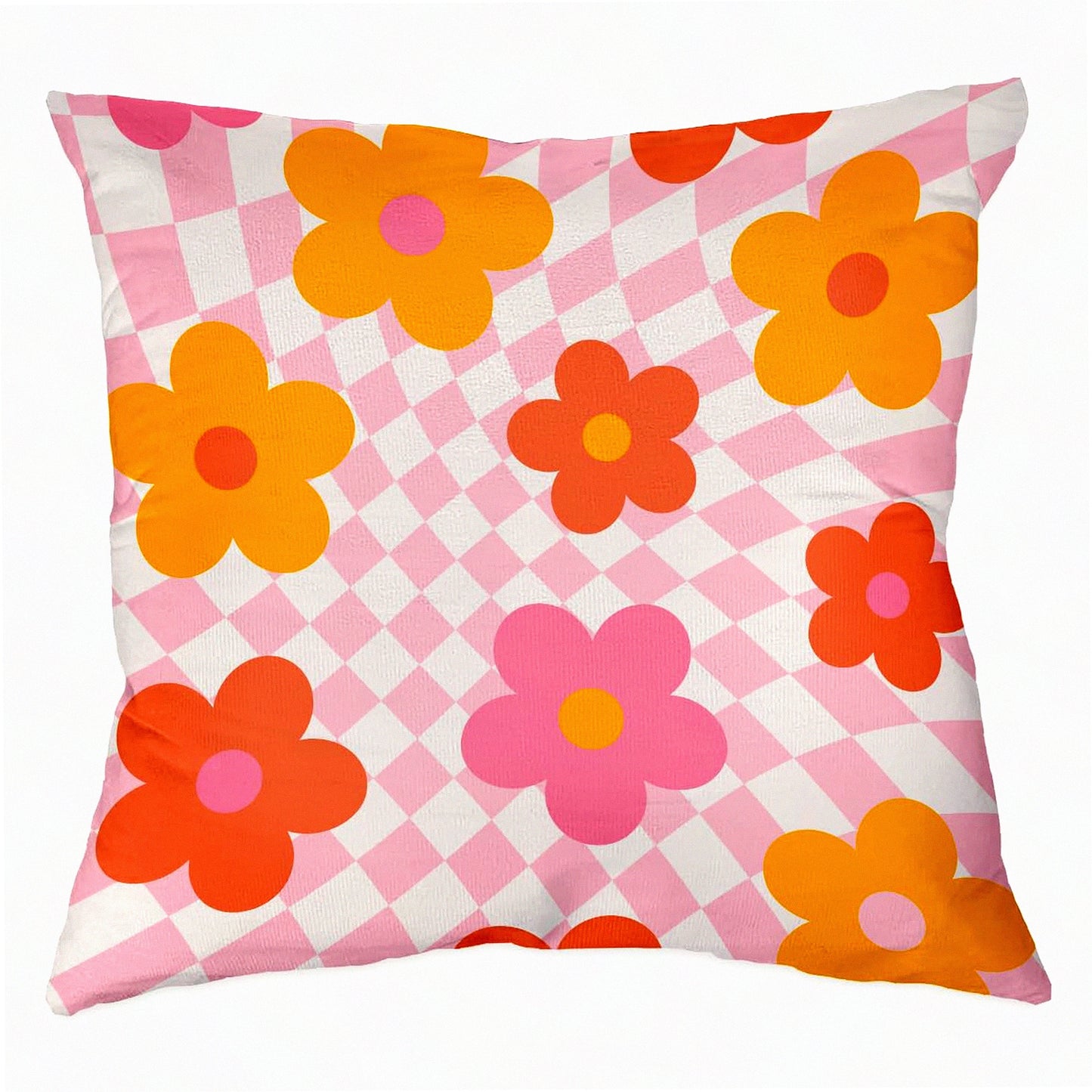 Groovy Flower Power Reversible Throw Pillow Cover - Retro 70s Floral Distorted Pink & White Checkered Decor for Home, Bedroom, Living Room, Girls Room, College Dorm - Ideal Gifts for Teen Girls, 18x18 Inch