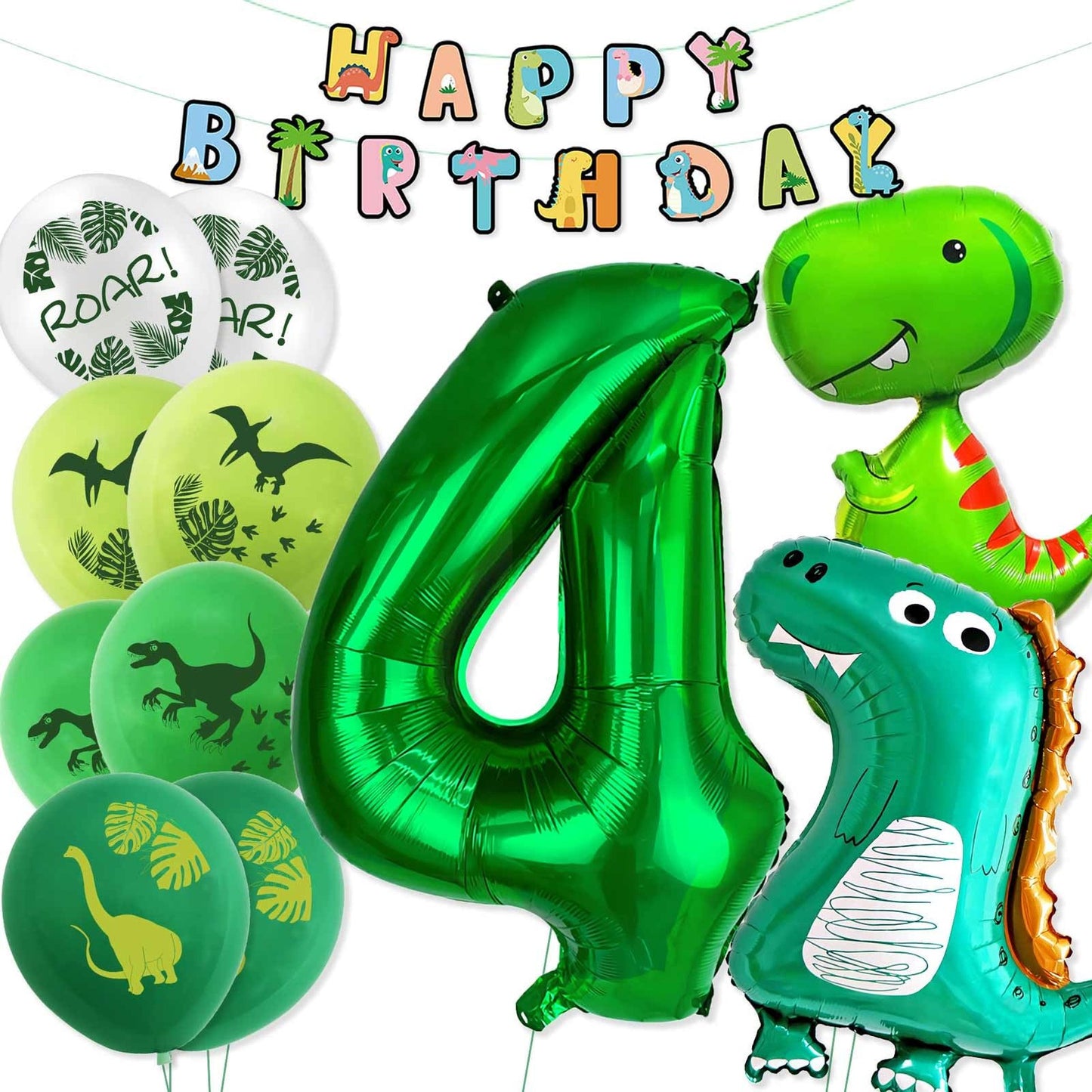 Dinosaur 4th Birthday Decorations and Balloons Set