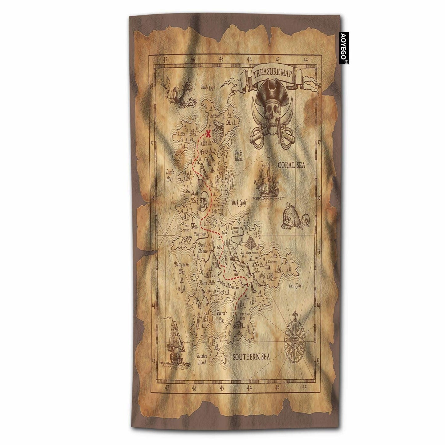 Treasure Map Pirate Skull Bath Towel 64x32
